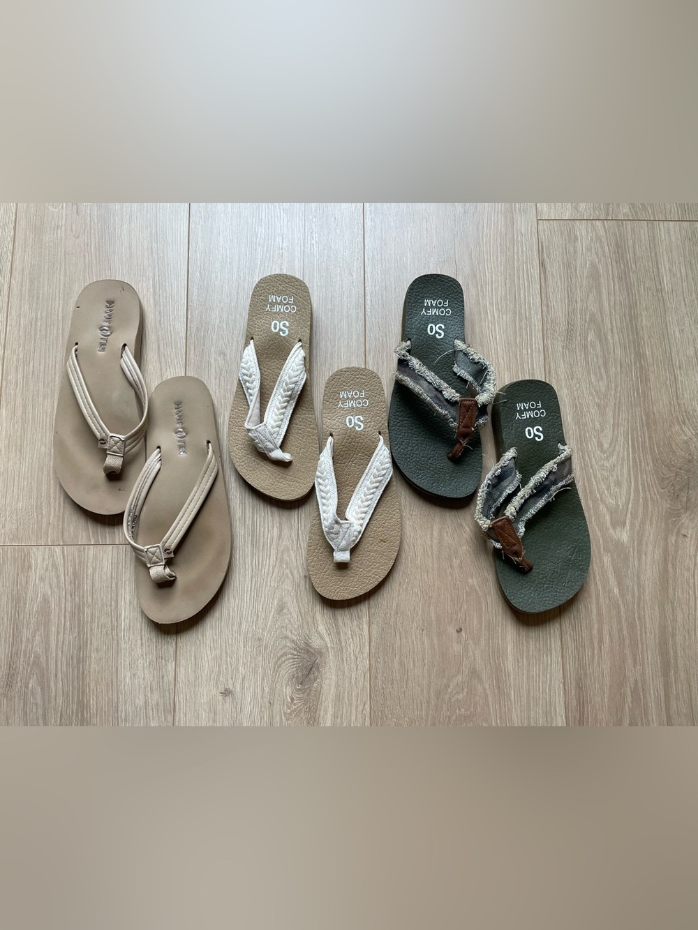 Set of 3 Casual Flip Flop Sandals - Beige, White, Camo